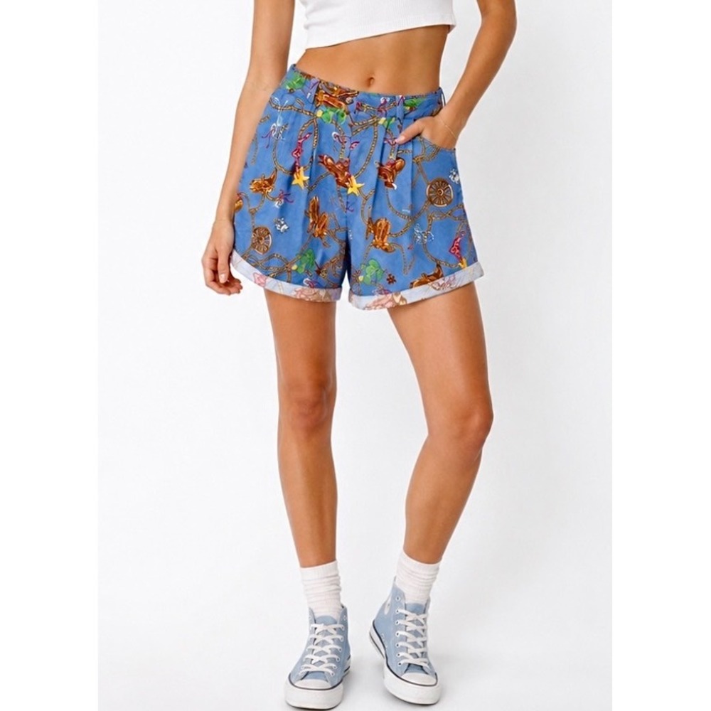 Vintage Bechamel Western Novelty Print Shorts Blue High Waisted Womens Size 12